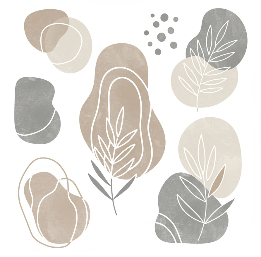 Abstract art featuring neutral-colored stones and leaves, with minimalistic line drawings and dotted patterns.