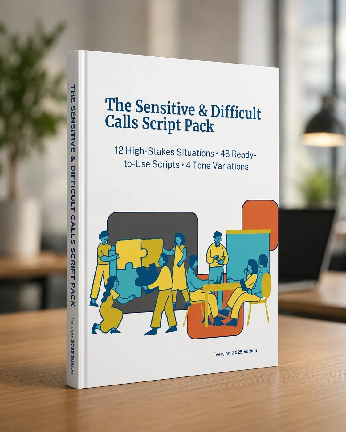 Book titled 'The Sensitive & Difficult Calls Script Pack' with illustrations of people working together, in a bright, modern office setting.