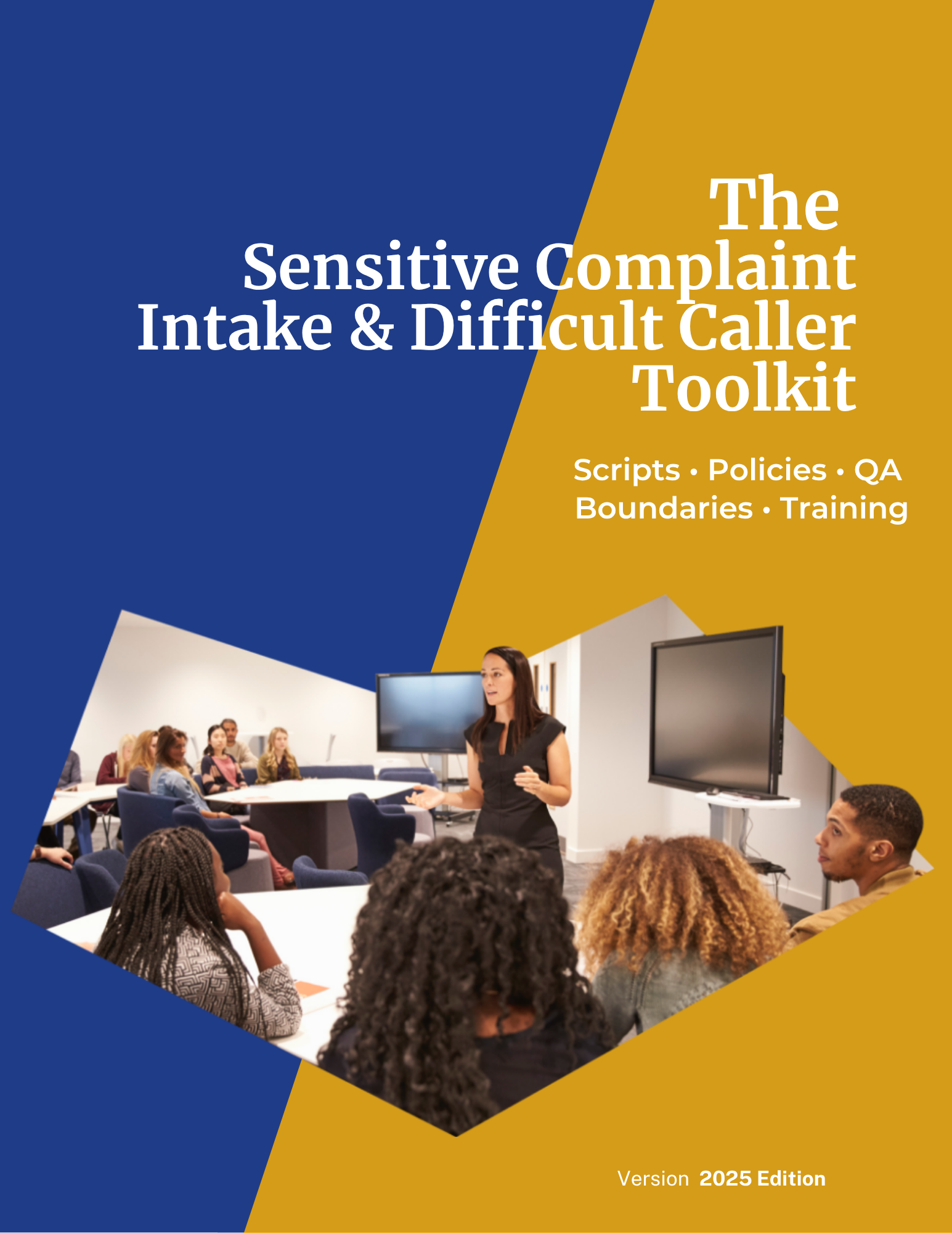 Cover of a toolkit titled 'The Sensitive Complaint Intake & Difficult Caller Toolkit' showing a woman presenting to a group in a conference room with a large television screen.