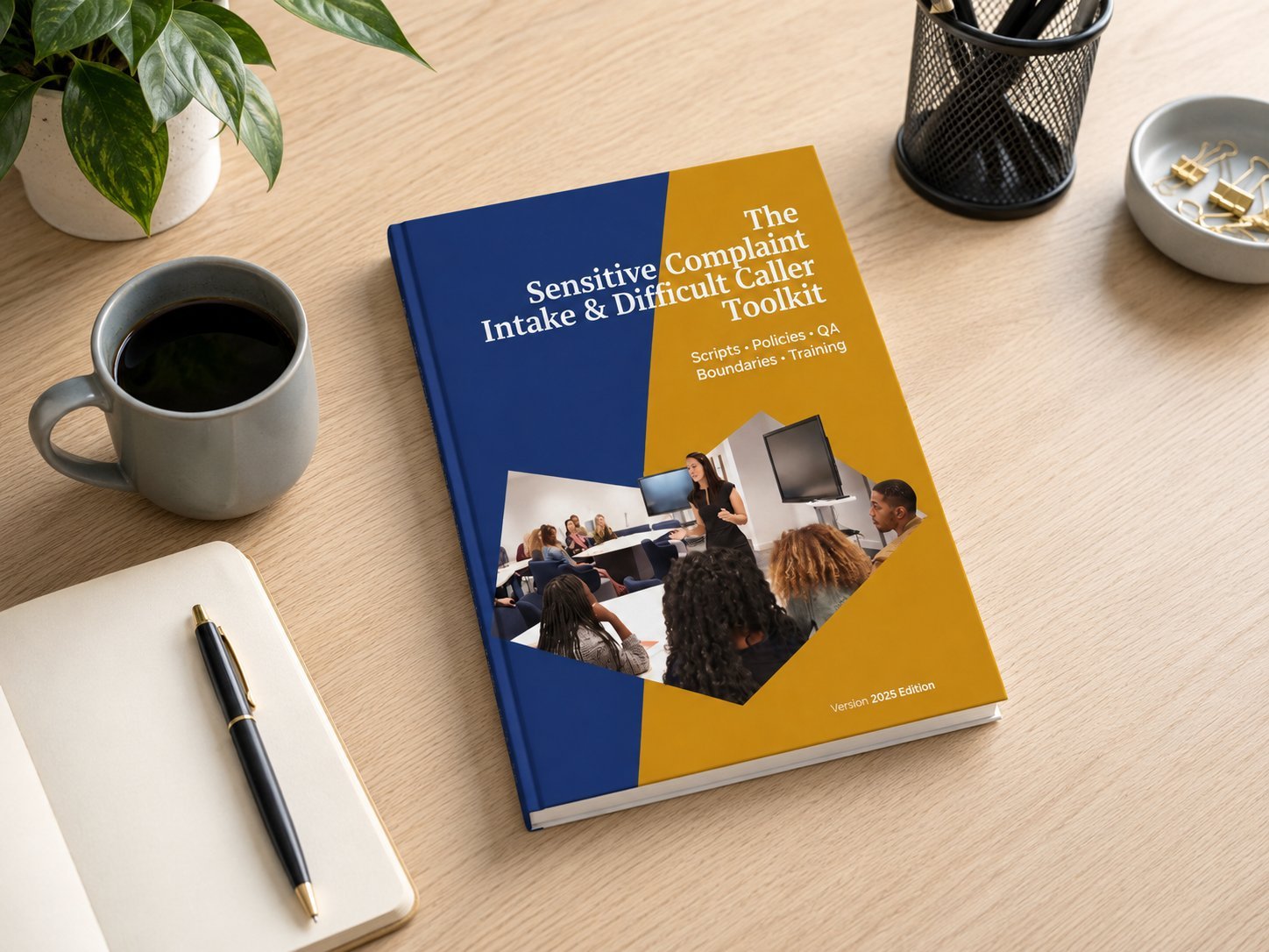 A desk with a blue and yellow book titled 'Sensitive Intake & Difficult Caller Toolkit' on it, showing a training session with a woman in front of a group. The desk also has a gray coffee mug filled with coffee, a black pen on a white notepad, a potted plant, a black mesh container holding pens and scissors, and a small dish with gold paper clips.