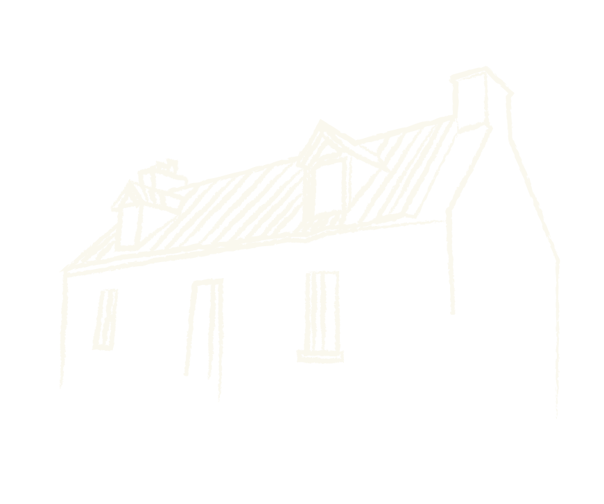 White line drawing of a house with a pitched roof, chimneys, and windows on a black background.