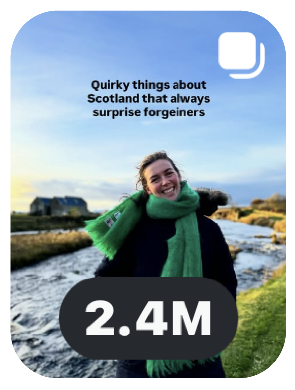 A woman in a green scarf smiling outdoors by a river in Scotland with text about quirky Scottish facts and 2.4 million followers.