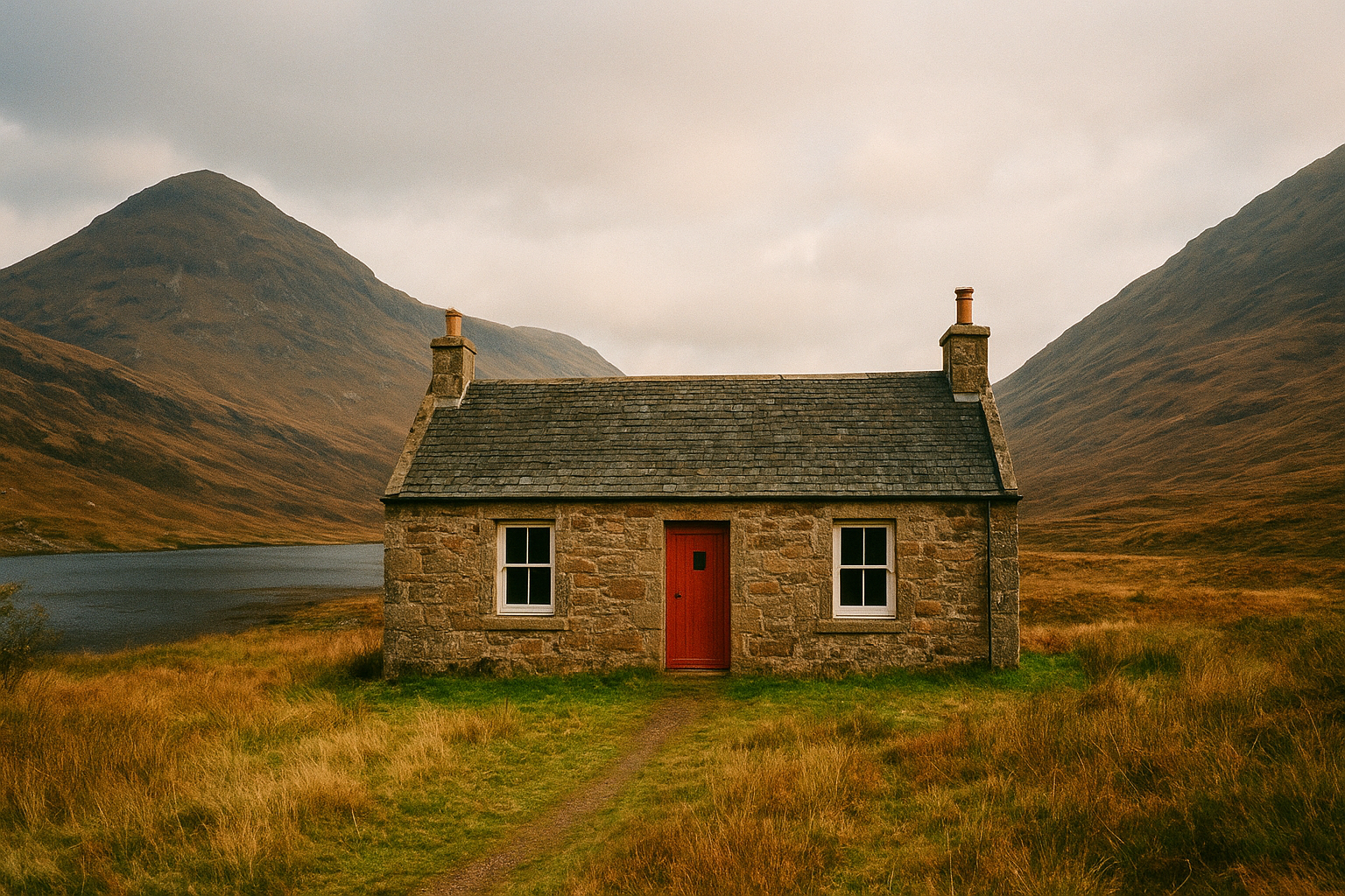 A small stone cottage with a red door, two windows, and a slate roof, set in a grassy landscape with mountains in the background under a cloudy sky.