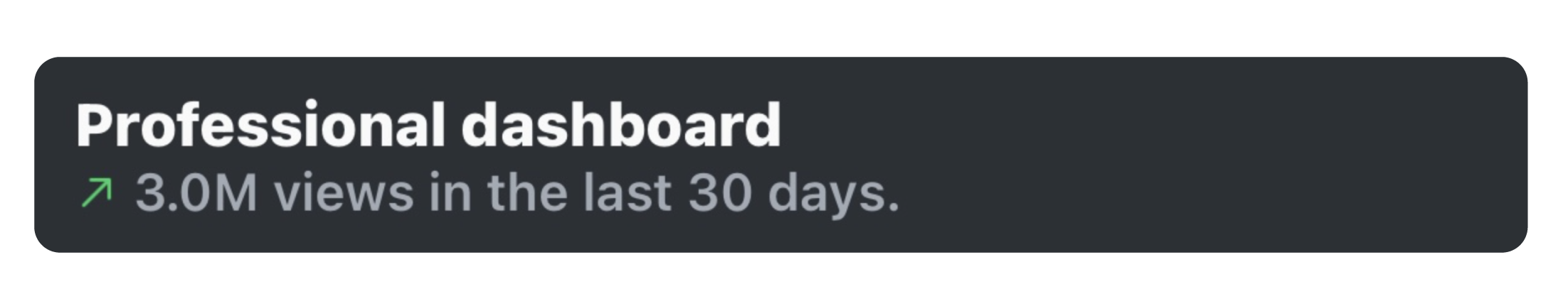 Text on a dark background reading 'Professional dashboard' with a green arrow and text indicating 3 million views in the last 30 days.