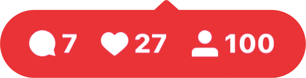 Social media notification showing 7 comments, 27 likes, and 100 followers.