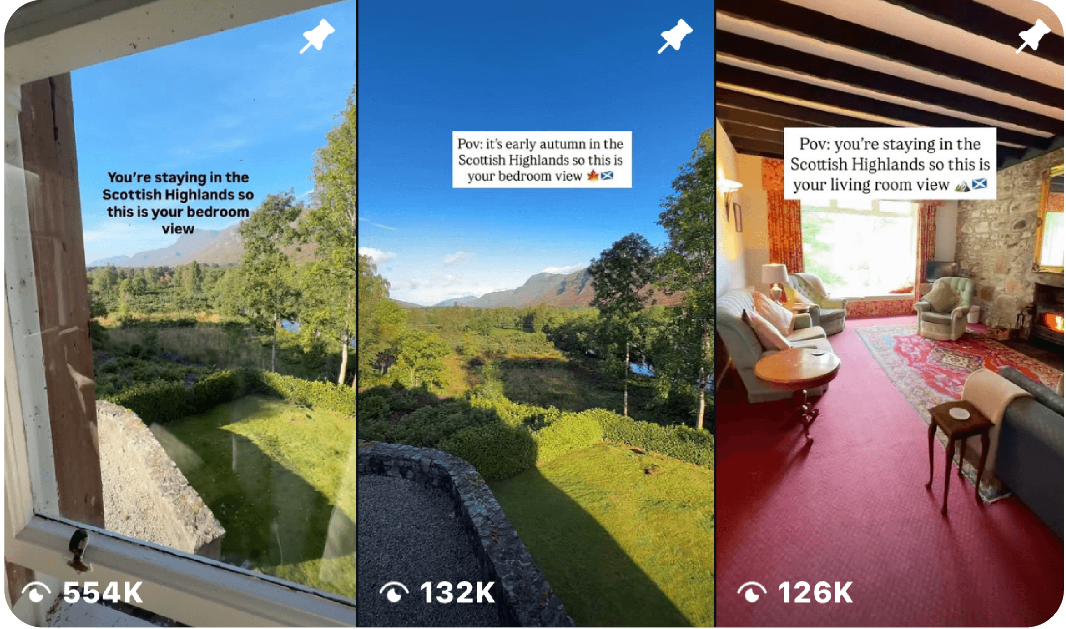 Comparison of three views from different rooms in the Scottish Highlands. The first shows a bedroom view of greenery, trees, and mountains through a window. The second shows a landscape with trees, grass, and mountains, with a main focus on a clear sky. The third shows a cozy living room with large windows, curtains, armchairs, a fireplace, and a red carpet.