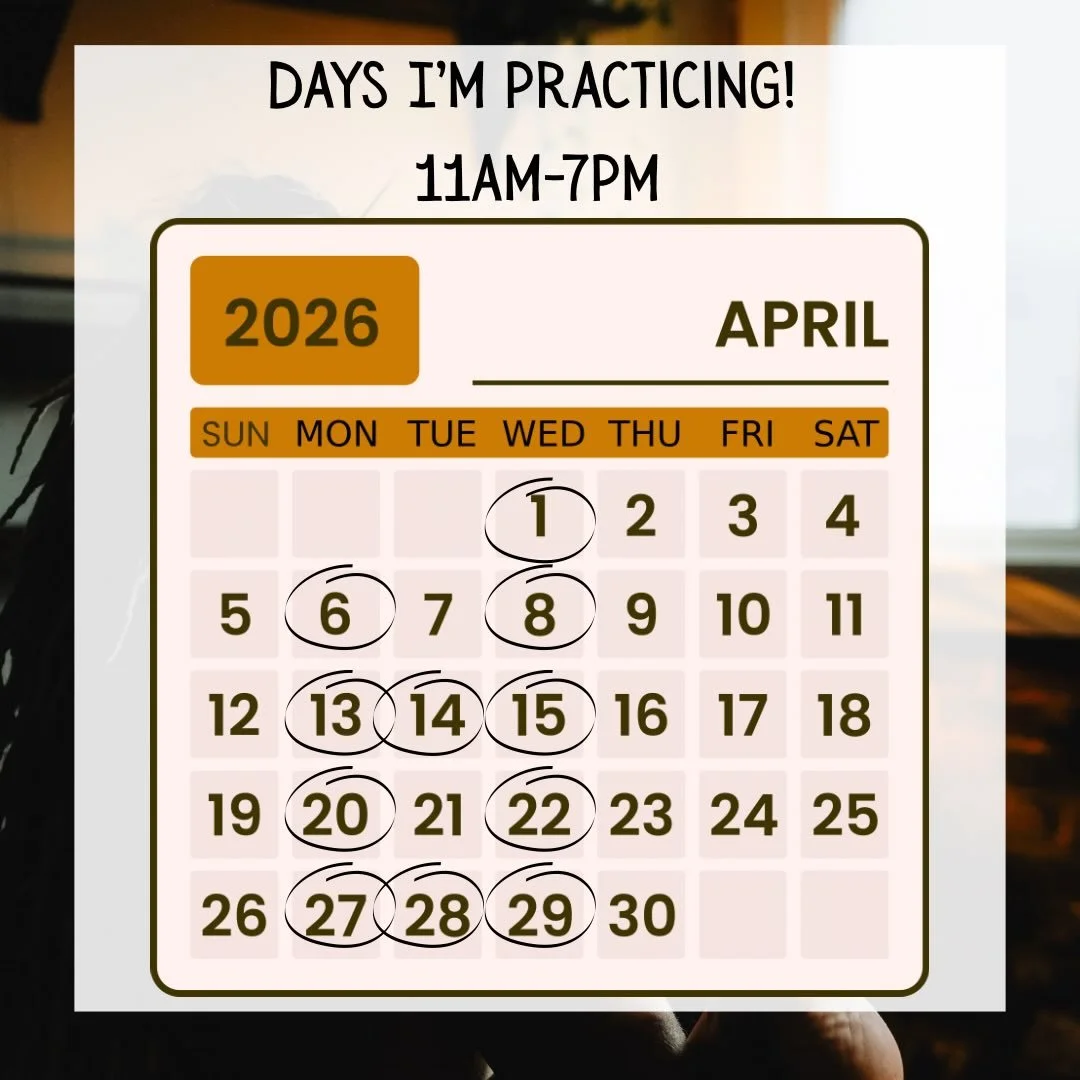 For the month of April, I am available Monday, Wednesday, and every other Tuesday 11am-7pm for massage work and herbal support ✨ I would love to see you there!