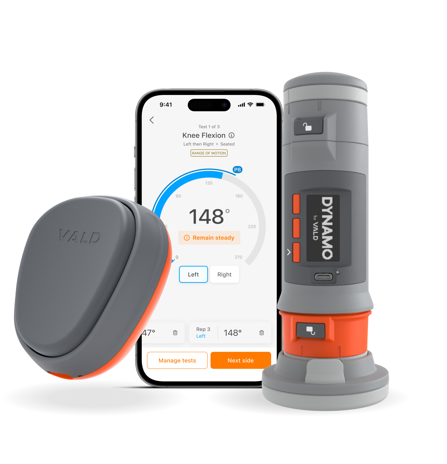 Medical device accessories including a smartphone displaying a knee flexion range of motion test, a gray case, and a compact gray device with orange accents labeled 'DYNAMO' with a lock icon, a USB port, and a display.