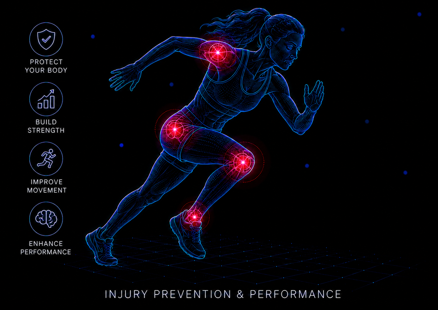 Digital illustration of a running woman with highlights on her shoulder, hip, knee, and ankle indicating injury prevention and performance enhancement. On the left, icons and text emphasize protecting the body, building strength, improving movement, and enhancing performance, all related to injury prevention and athletic performance.