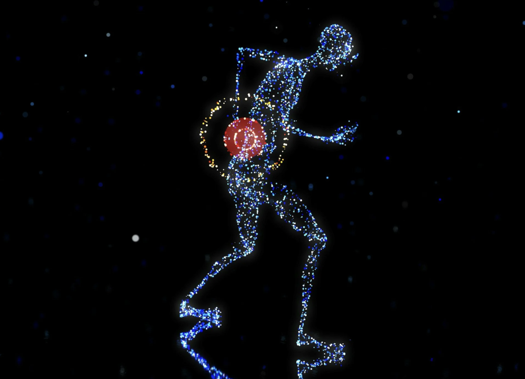 Digital art of a person holding a cocktail glass, made of small glowing dots with blue, yellow, and white colors, set against a black background.