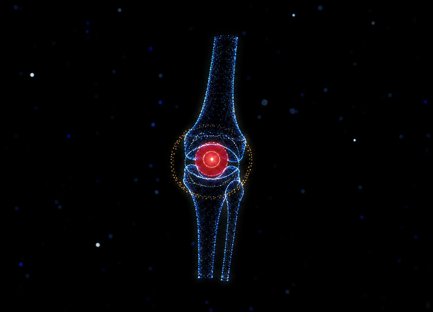 Digital illustration of a human knee joint with glowing red and yellow highlights, surrounded by blue and yellow dotted lines, set against a black space background with scattered white and blue dots.
