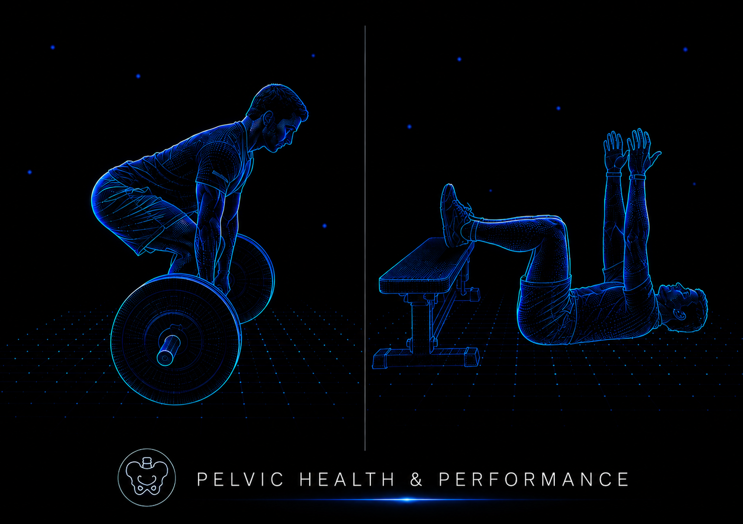 Digital illustration of two men performing pelvic health exercises, with one lifting a barbell and the other lying on a bench with legs raised, labeled 'Pelvic Health & Performance'.