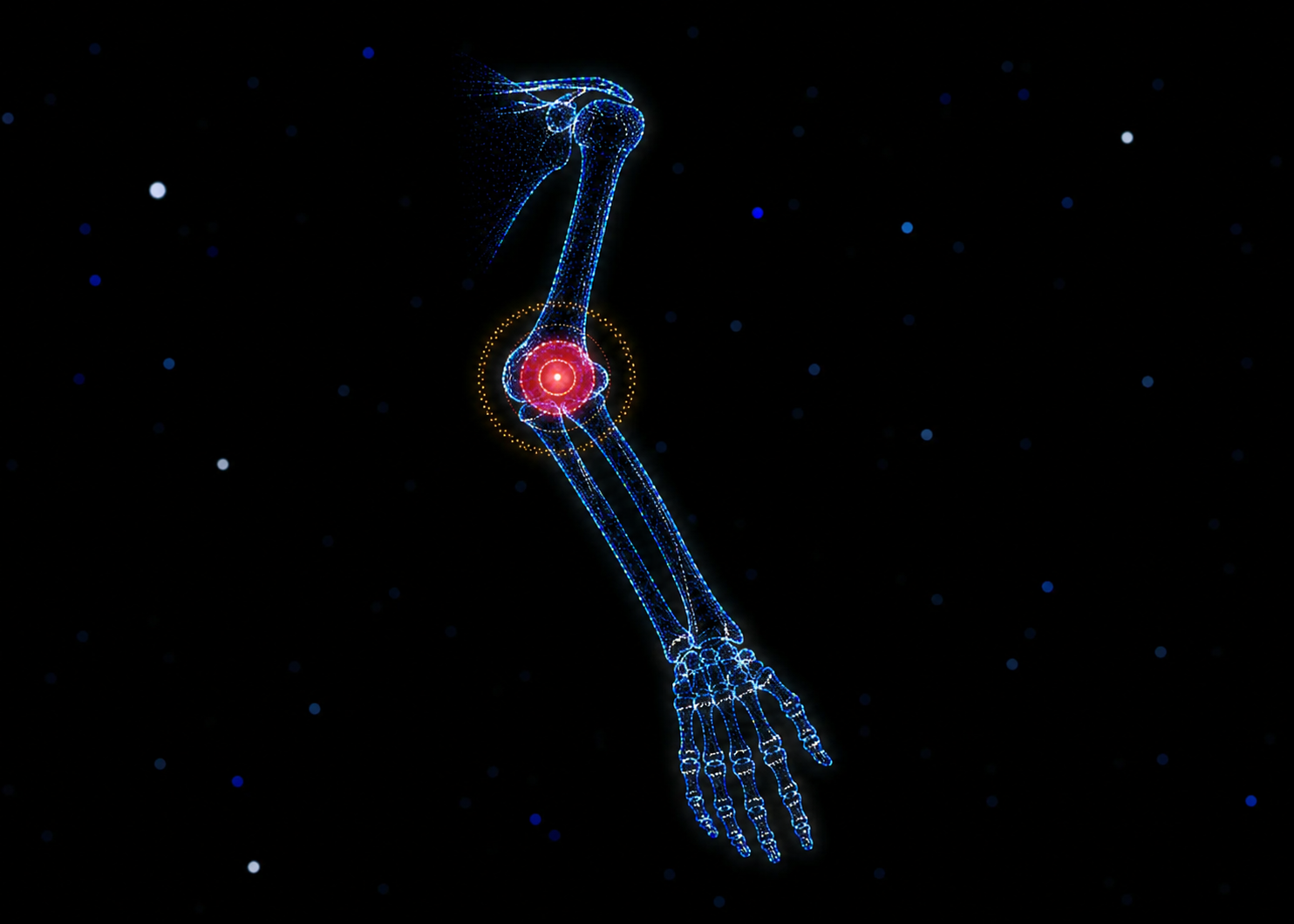 Digital illustration of a human skeletal arm with highlighted shoulder joint showing energy or vibration effects, set against a dark, starry background.