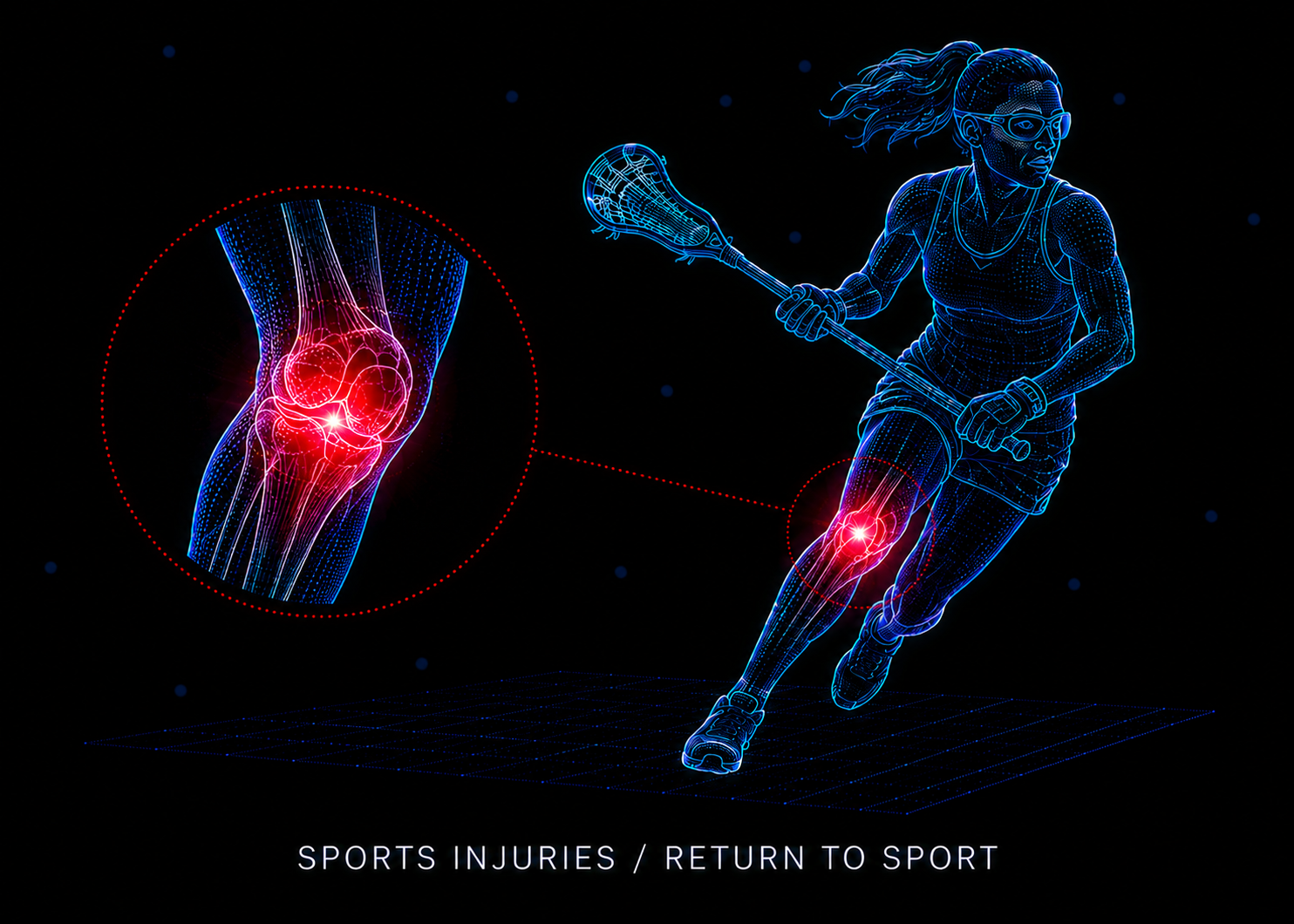 Digital illustration of a female lacrosse player in motion with highlighted knee and ankle injuries, emphasizing sports injuries and return to sport.
