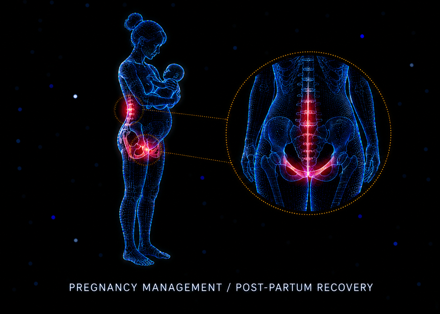 Digital illustration of a pregnant woman holding a baby, with a close-up of her lower back and pelvis highlighting areas of pregnancy management and post-partum recovery in red. Text at the bottom reads 'Pregnancy Management / Post-Partum Recovery.'