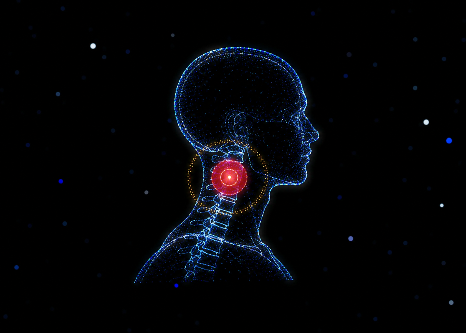 Illustration of a human profile with a focus on the neck, showing a neural connection and an inflamed area at the throat, depicted with glowing lines and dots against a dark background filled with small light spots.