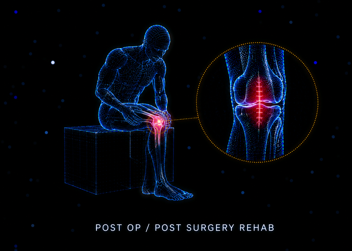 Digital illustration of a person sitting on a block holding their knee with a highlighted knee joint in red, indicating pain or injury, with a zoomed-in inset of the knee joint, and the text 'Post OP / Post Surgery Rehab' at the bottom.