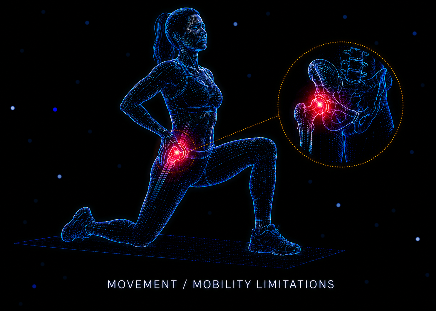 Digital illustration of a woman in workout attire performing a lunge with highlighted areas of knee pain and a close-up of knee joint showing inflammation, labeled as 'Movement / Mobility Limitations'.