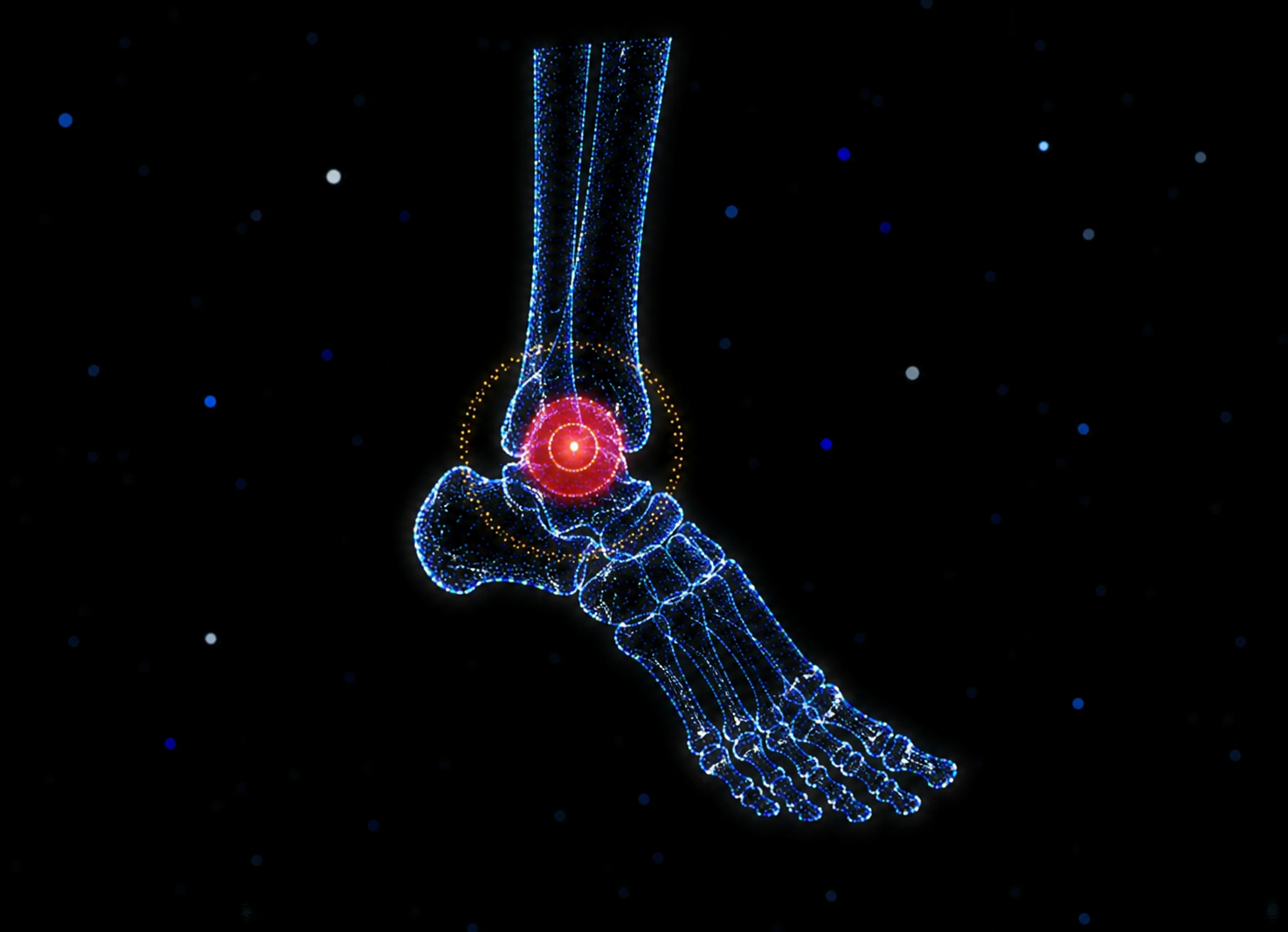 A digital, glowing illustration of a human ankle joint with bones, presented in blue and white lines against a black background with small blue and white dots.