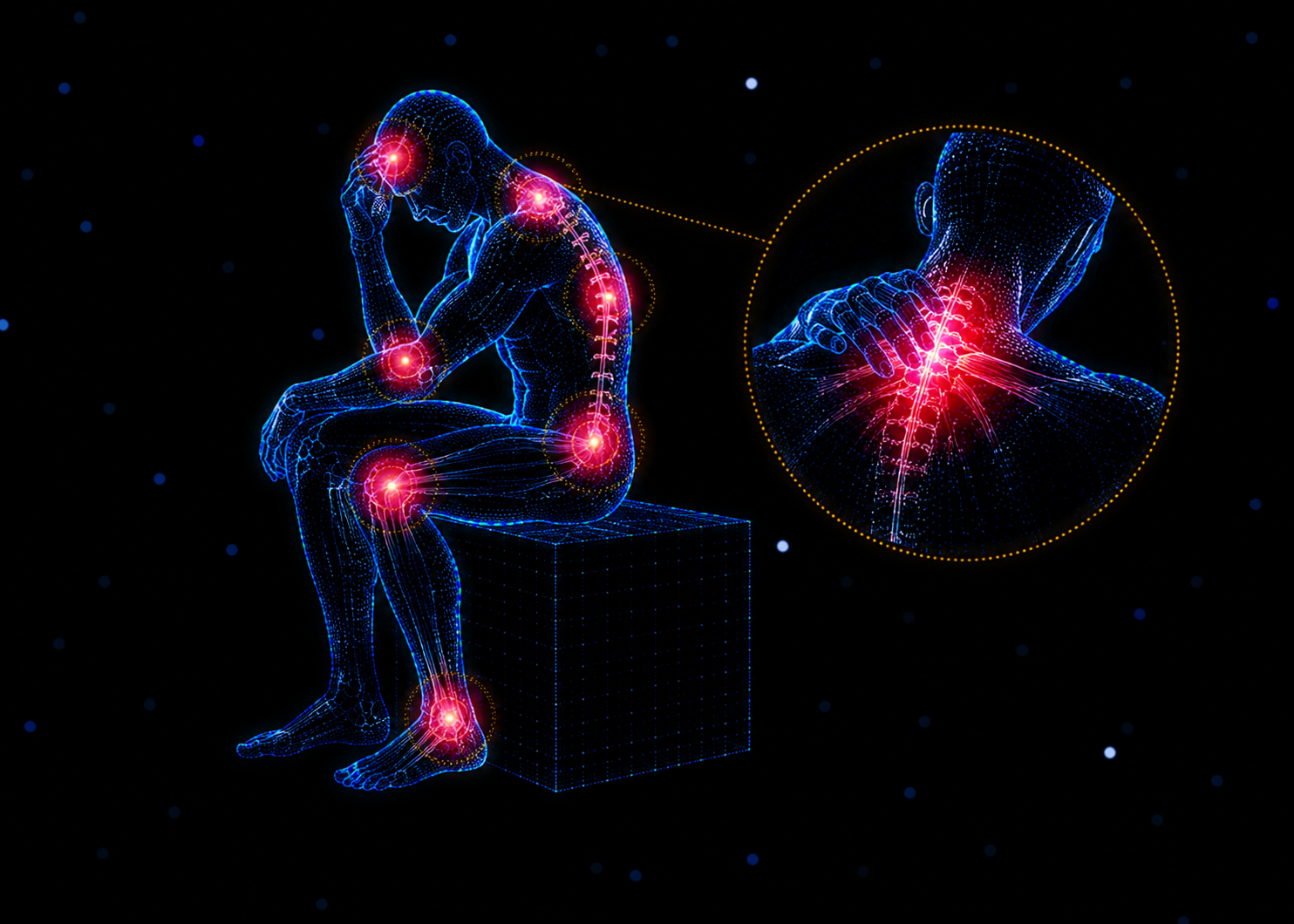 Digital illustration of a human figure sitting with head in hand, highlighting joints with red glowing points, accompanied by a close-up of a sore shoulder with red glow indicating pain.