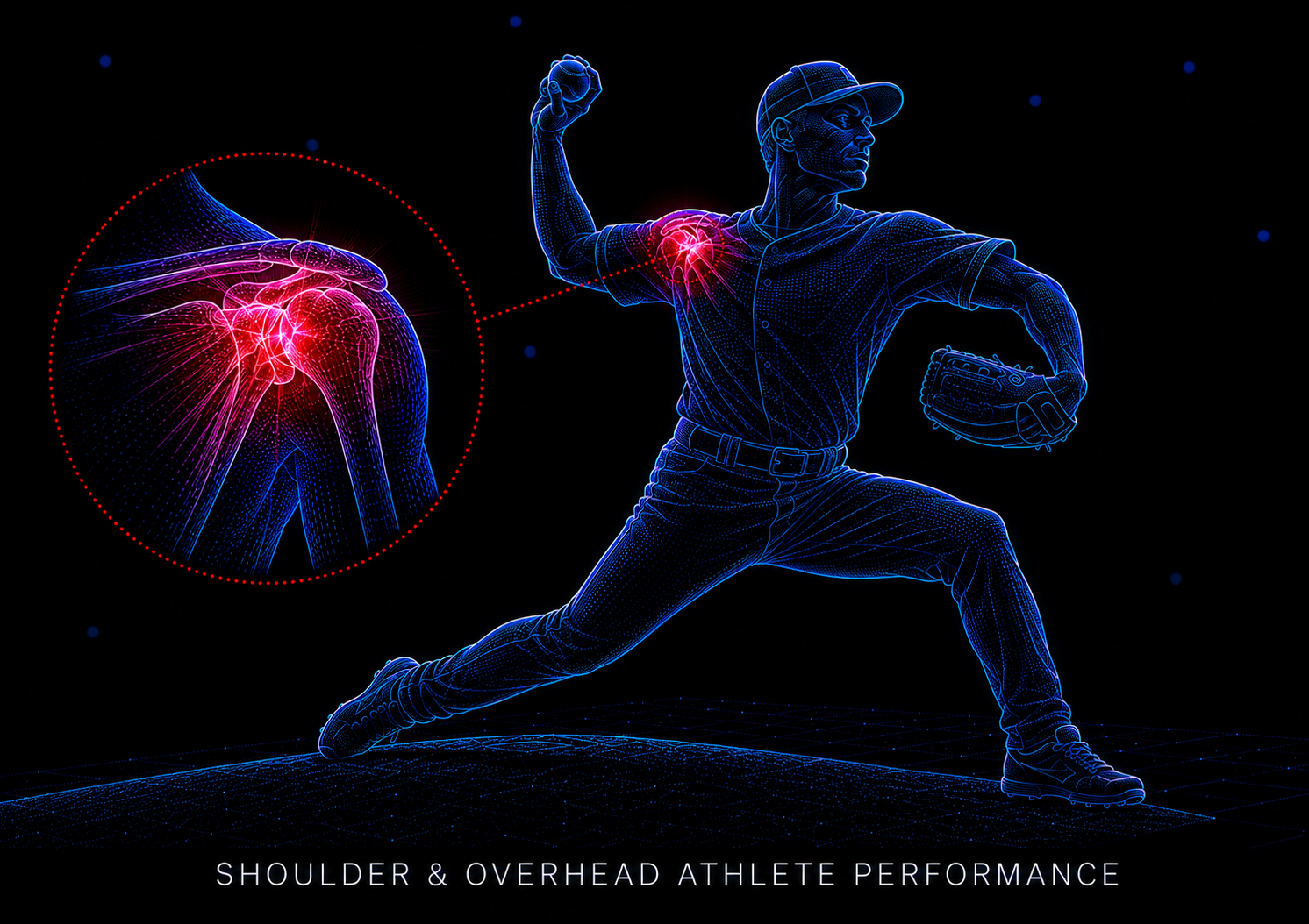 Digital illustration of a baseball player in a Pose, with highlighted shoulder and overhead joint area in pink, indicating focus on shoulder and overhead athlete performance.