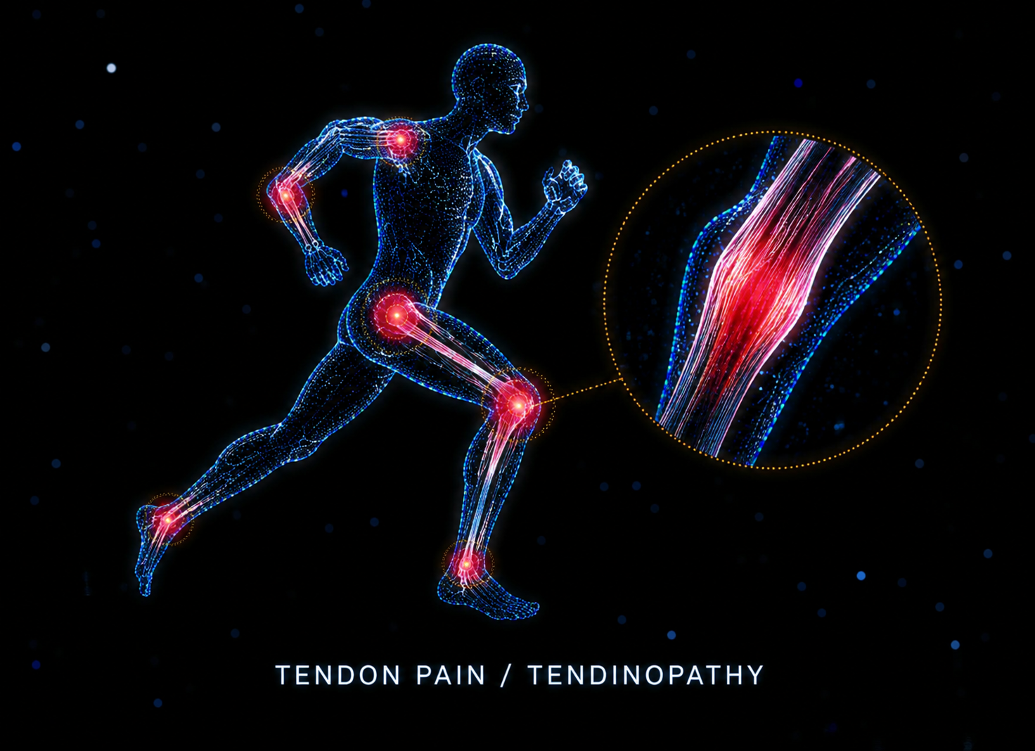 Digital illustration of a running human figure with highlighted joints showing tendon pain or tendinopathy, with a close-up of a tendon in the inset.