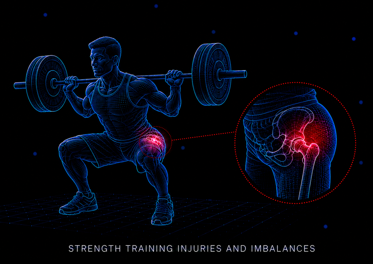 A digital illustration of a man performing a squat with a barbell, highlighting a knee injury with a red glow. An inset shows a close-up of a hip joint with similar red highlighting, indicating injury. The text reads 'Strength Training Injuries and Imbalances'.