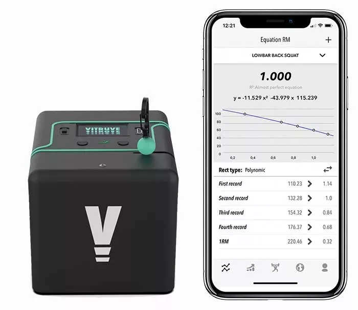 A small black device connected to a smartphone showing a graph and data for a low back squat exercise, with the device labeled 'VITRUVE' and a V-shaped logo on the front.