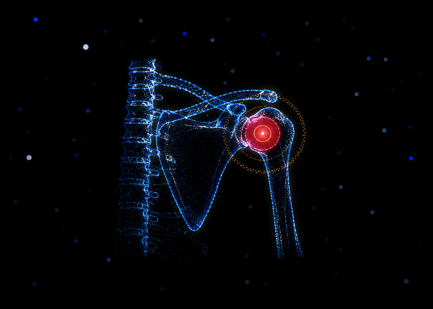 Digital illustration of a human shoulder joint with glowing red and yellow highlighted area indicating pain or injury, against a black starry background.