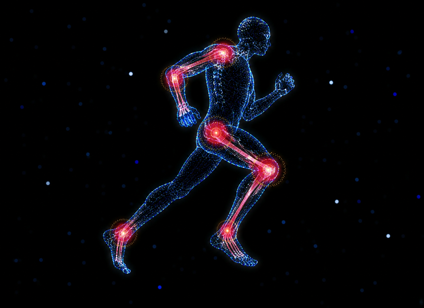 A digital rendering of a human figure in motion, with glowing lines and highlighted joints indicating areas of pain or inflammation, including shoulders, elbows, hips, knees, and ankles.