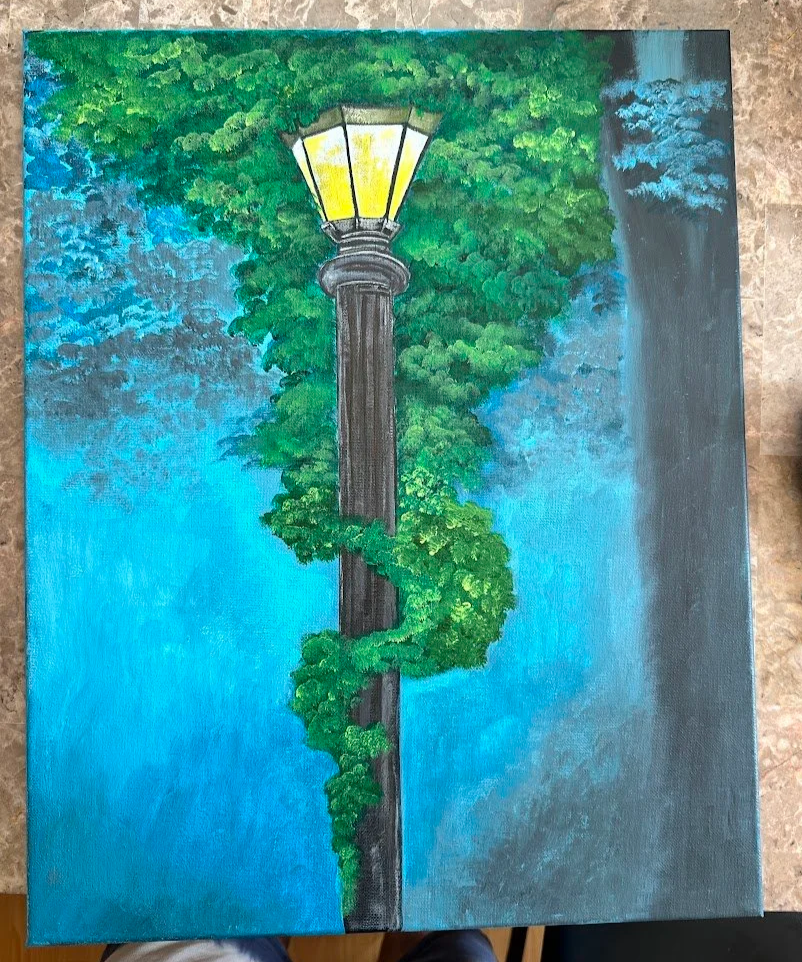 The Nightkeeper — acrylic painting by Neil Banerjee of an ivy-wrapped lamppost glowing in a blue-green night