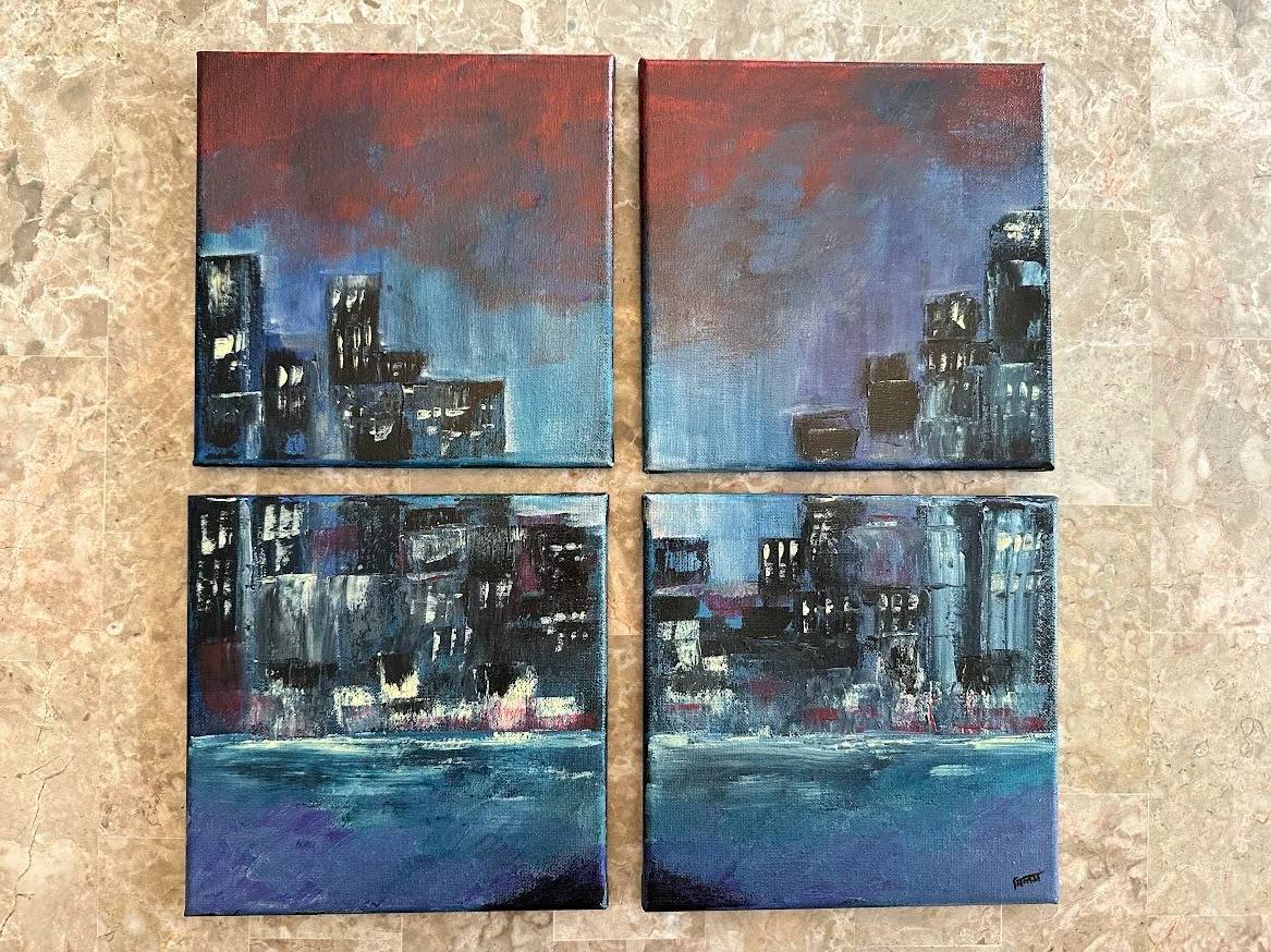 Fragments of a City — four-panel abstract acrylic cityscape by Neil Banerjee of shimmering buildings and water