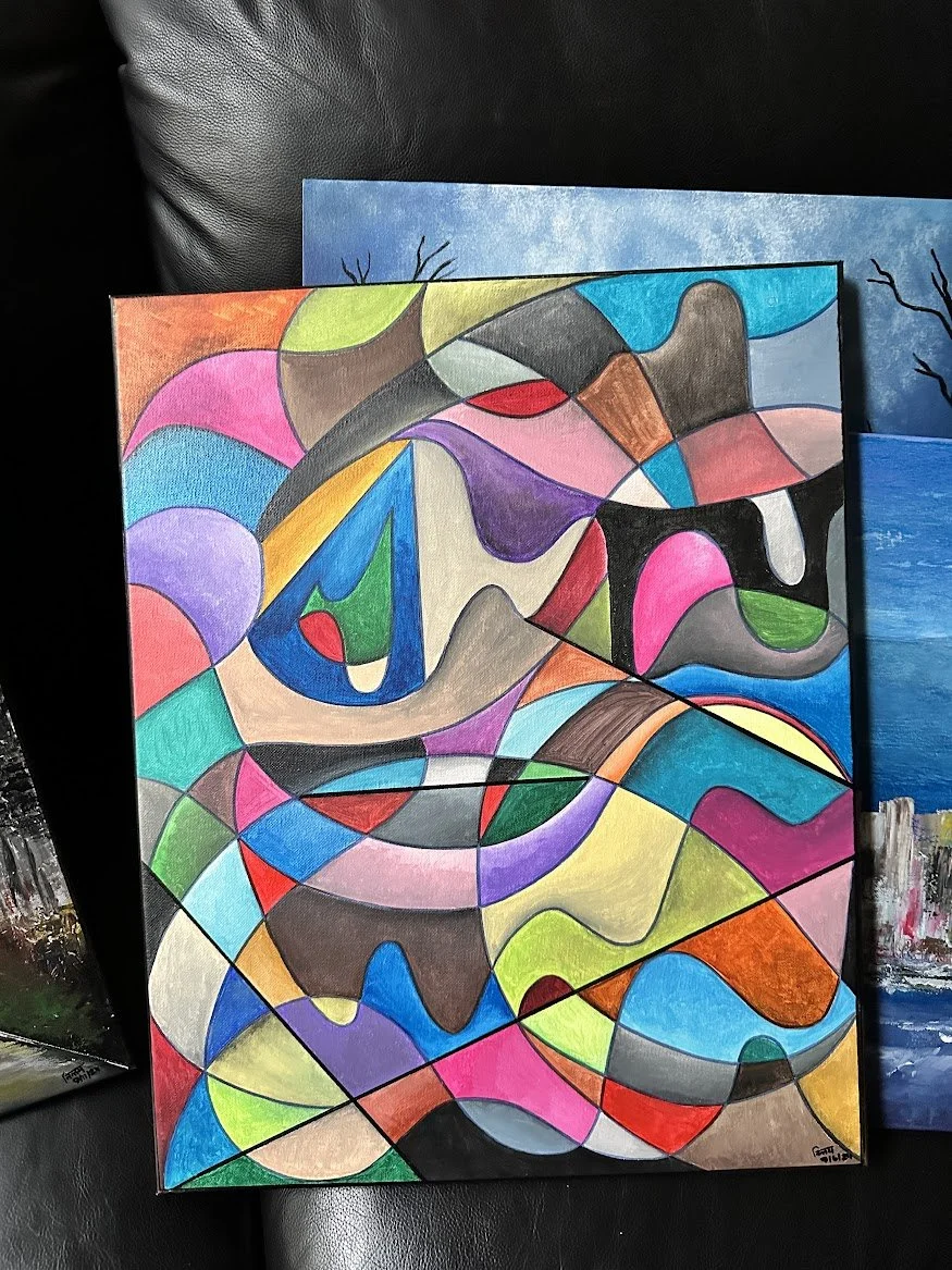 “A vibrant abstract composition built from flowing curves and intersecting shapes. Bold colors blend and collide like stained glass in motion, creating a lively, rhythmic visual experience.” - painting by Neil Banerjee