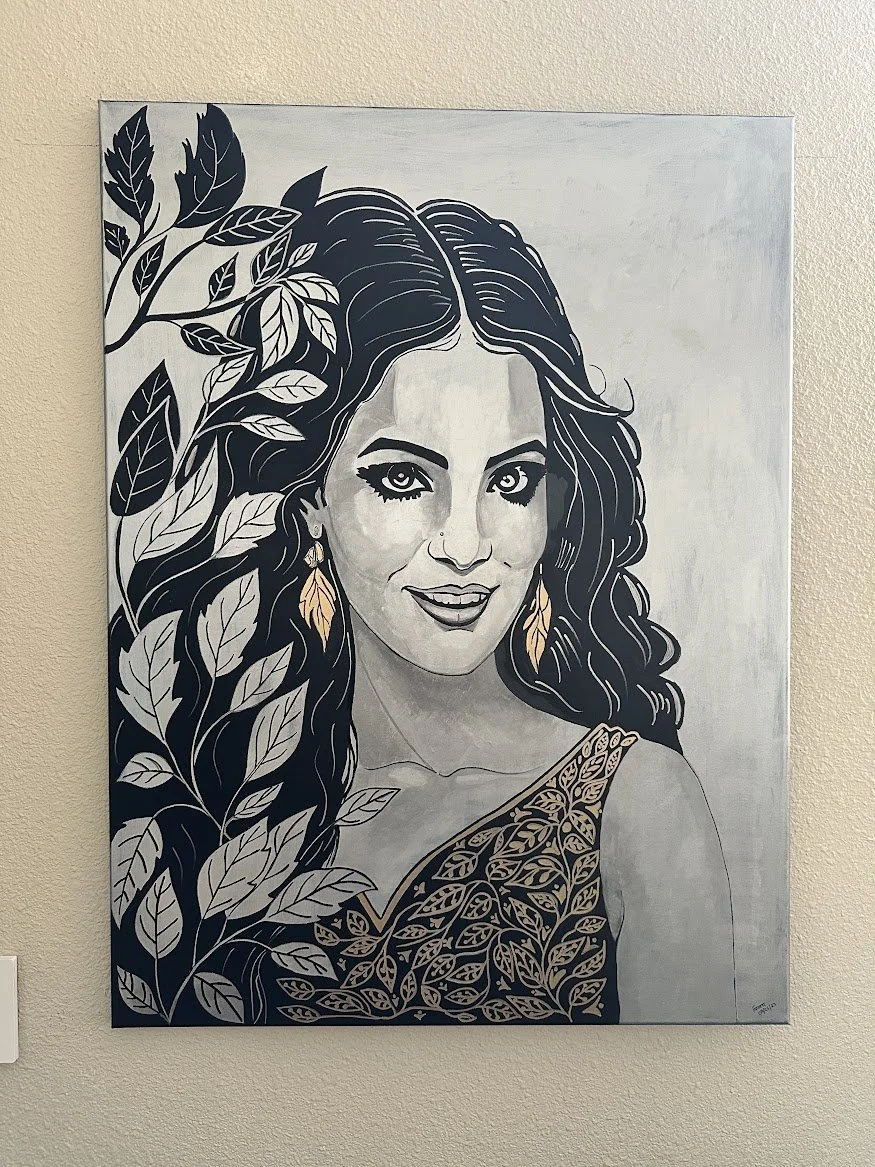 Her Quiet Strength — grayscale acrylic portrait by Neil Banerjee of a woman with leaf motifs and gold accents