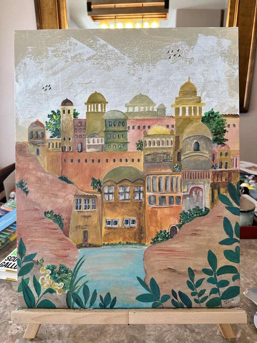 Fort of Memory — acrylic painting by Neil Banerjee of an Indian hillside fort with domed pavilions above water
