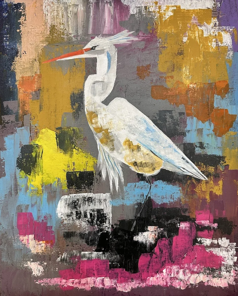 Stillness in Color — acrylic painting by Neil Banerjee of a heron rising against a vivid abstract background