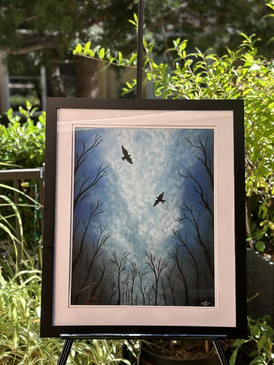 Flight Through Winter — acrylic painting by Neil Banerjee of two birds gliding above bare winter trees