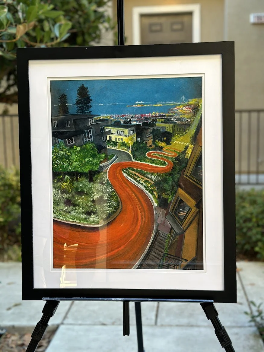 The Crooked Street — acrylic painting by Neil Banerjee of San Francisco’s winding Lombard Street above the bay