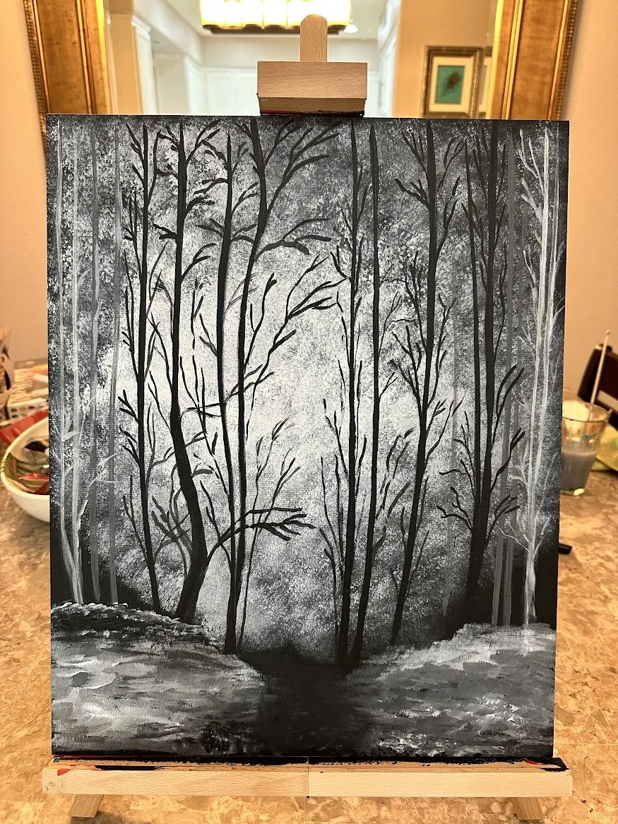 Into the Quiet Woods — grayscale acrylic painting by Neil Banerjee of bare branches in a fog-covered forest
