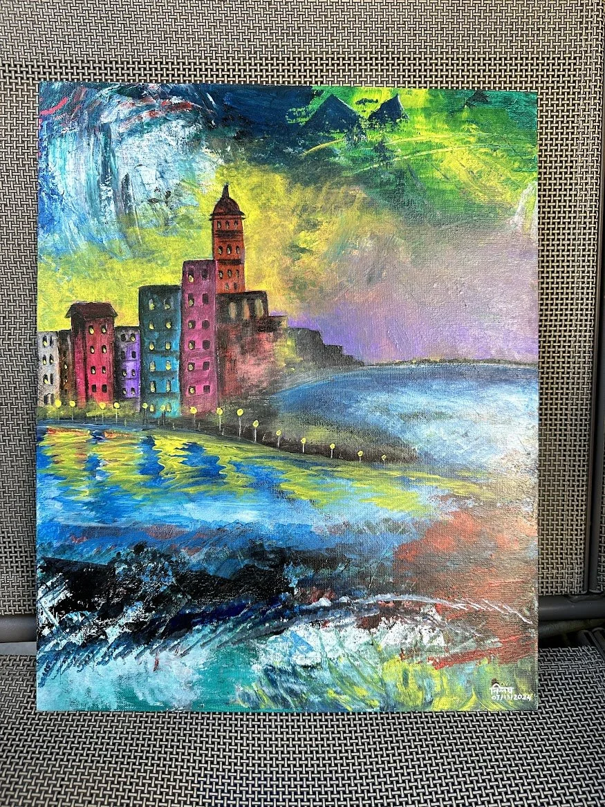 A colorful coastal cityscape painted against a dramatic sky, capturing the movement of waves, light, and shifting weather. A study in contrast and emotion. - Painting by Neil Banerjee