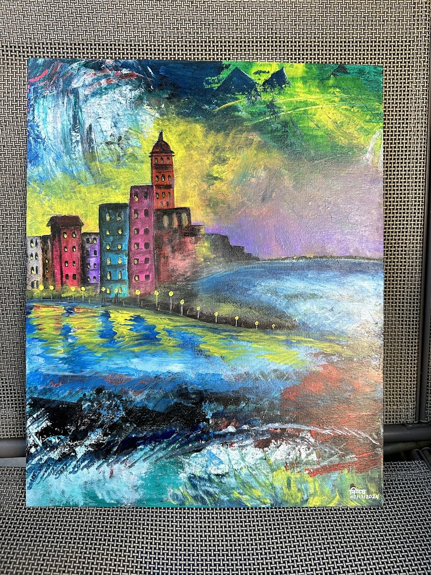 Weather at the Waterline — acrylic painting by Neil Banerjee of a coastal cityscape beneath a turbulent sky