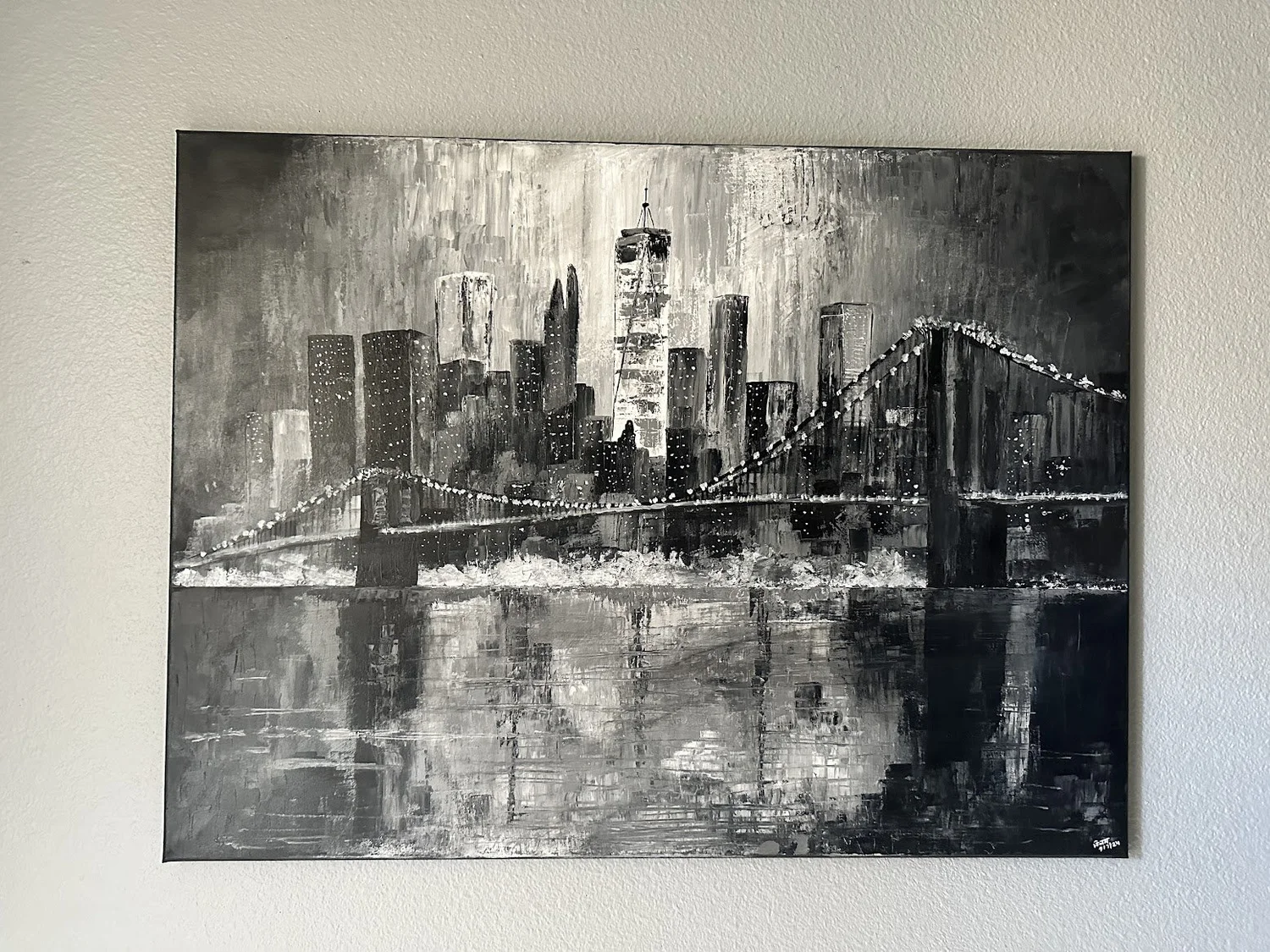 The City That Never Sleeps — grayscale acrylic painting by Neil Banerjee of the New York skyline and bridge at night