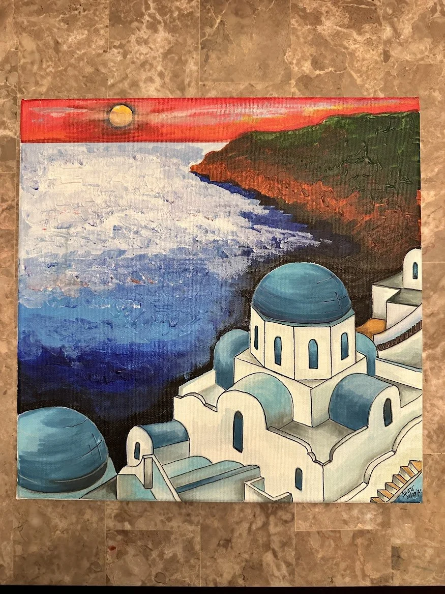 Aegean Stillness — acrylic painting by Neil Banerjee of white Santorini domes above a deep blue sea at sunset