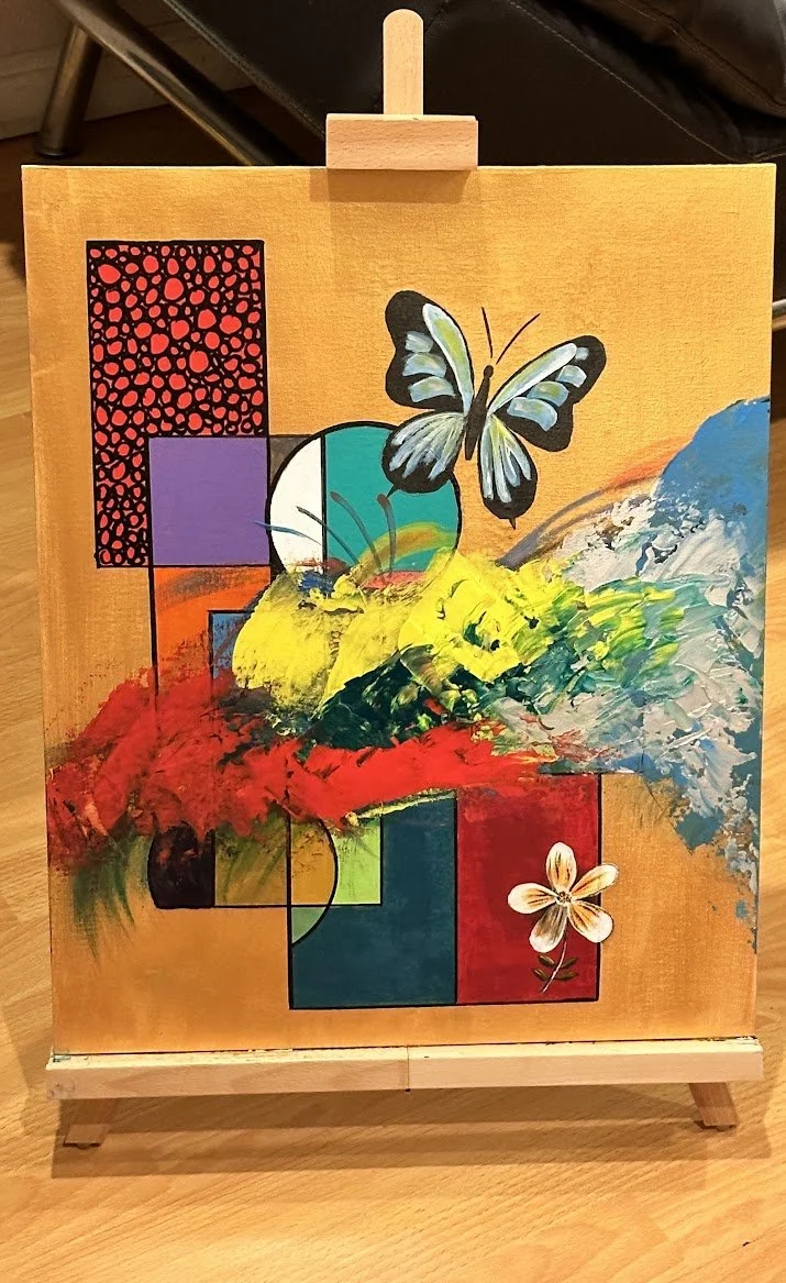 “This painting brings together structure and freedom—sharp lines meet sweeping strokes, and a butterfly emerges as a symbol of change and uplift. It reflects the idea that creativity often lives at the intersection of discipline and intuition.” - pai