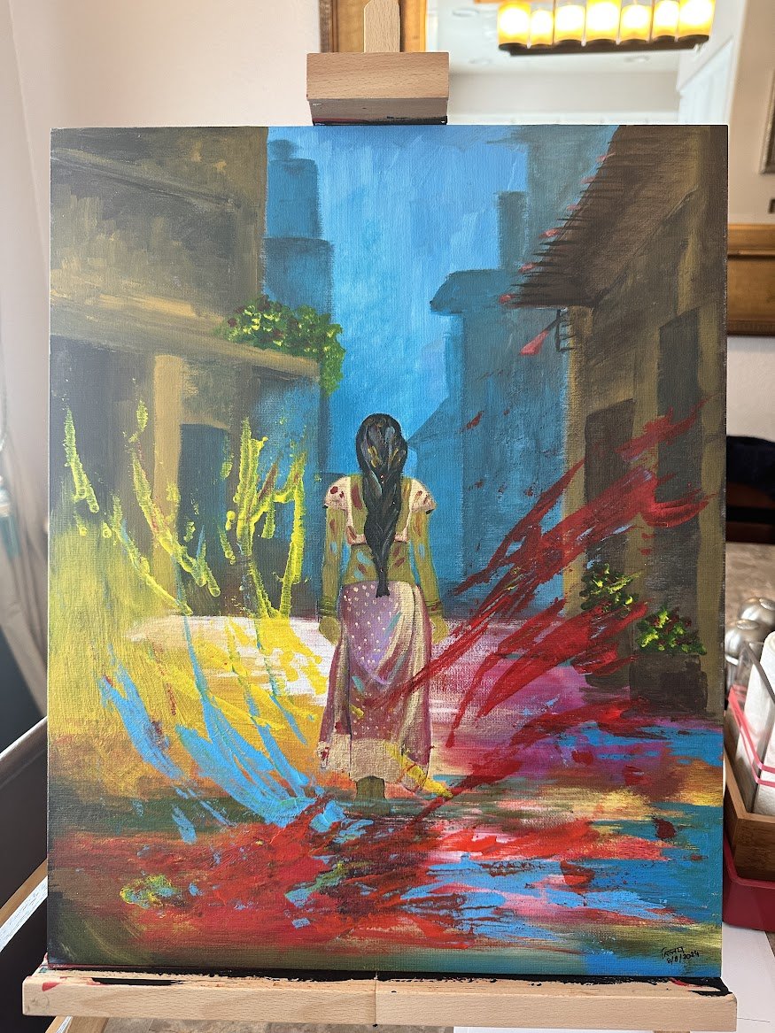 Through the Color — acrylic painting by Neil Banerjee of a woman walking through bursts of Holi colour in an Indian lane