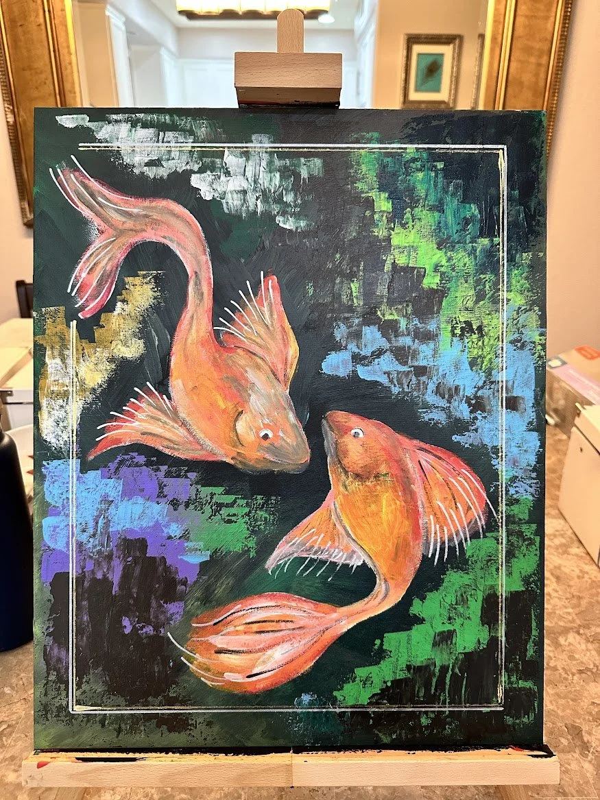 “Two koi glide through a wash of deep greens and blues, their bright orange bodies glowing against the abstract background. Their swirling motion gives the painting a sense of harmony, balance, and gentle energy.” - painting by Neil Banerjee