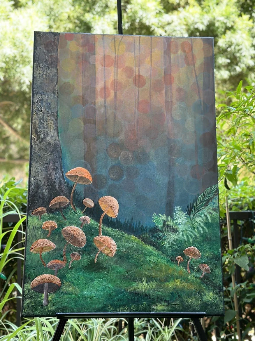 The Hidden Grove — acrylic painting by Neil Banerjee of mushrooms on a mossy hill in glowing forest light
