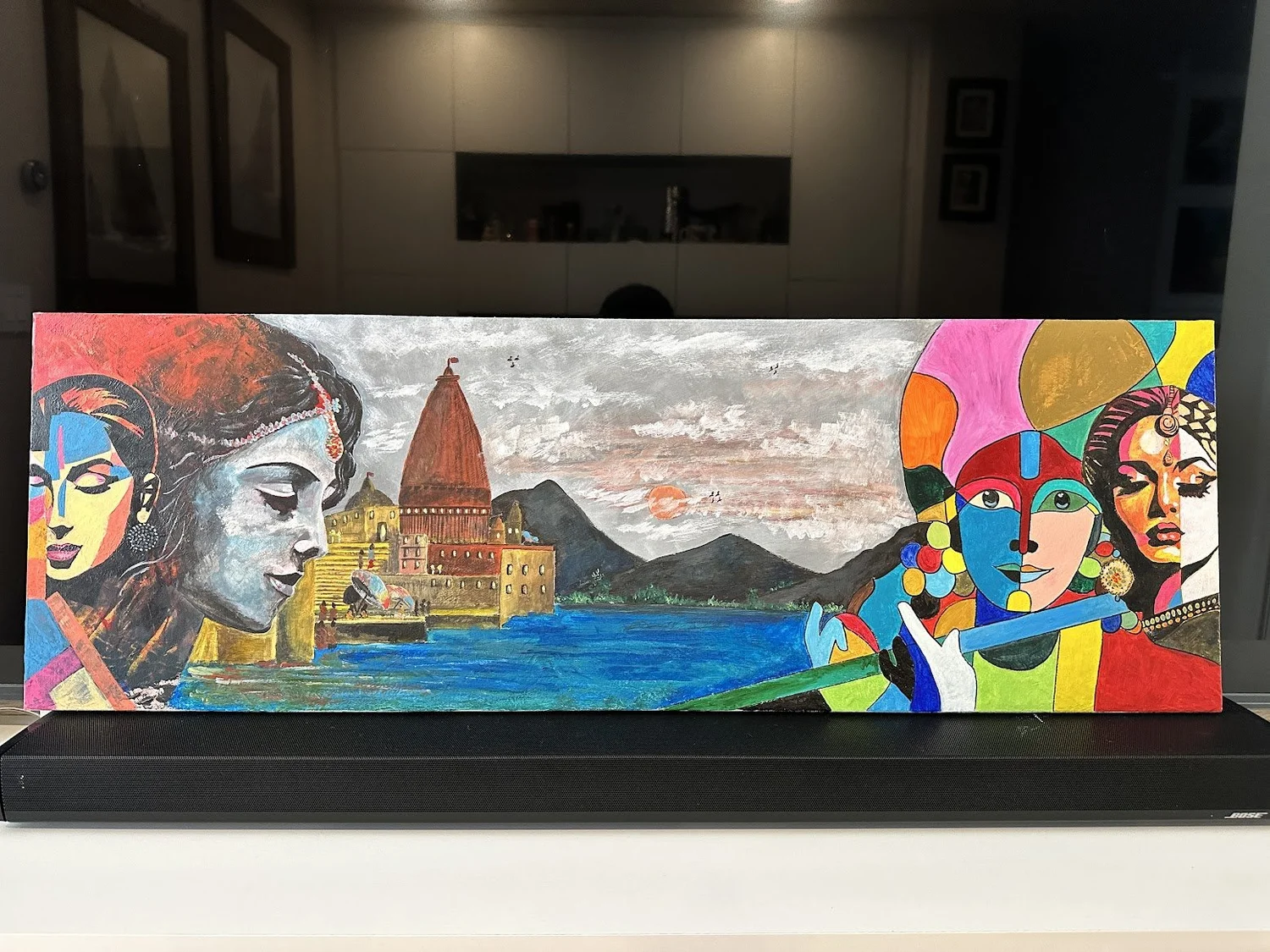 The Eternal Center — acrylic painting by Neil Banerjee of Krishna surrounded by women in a temple landscape