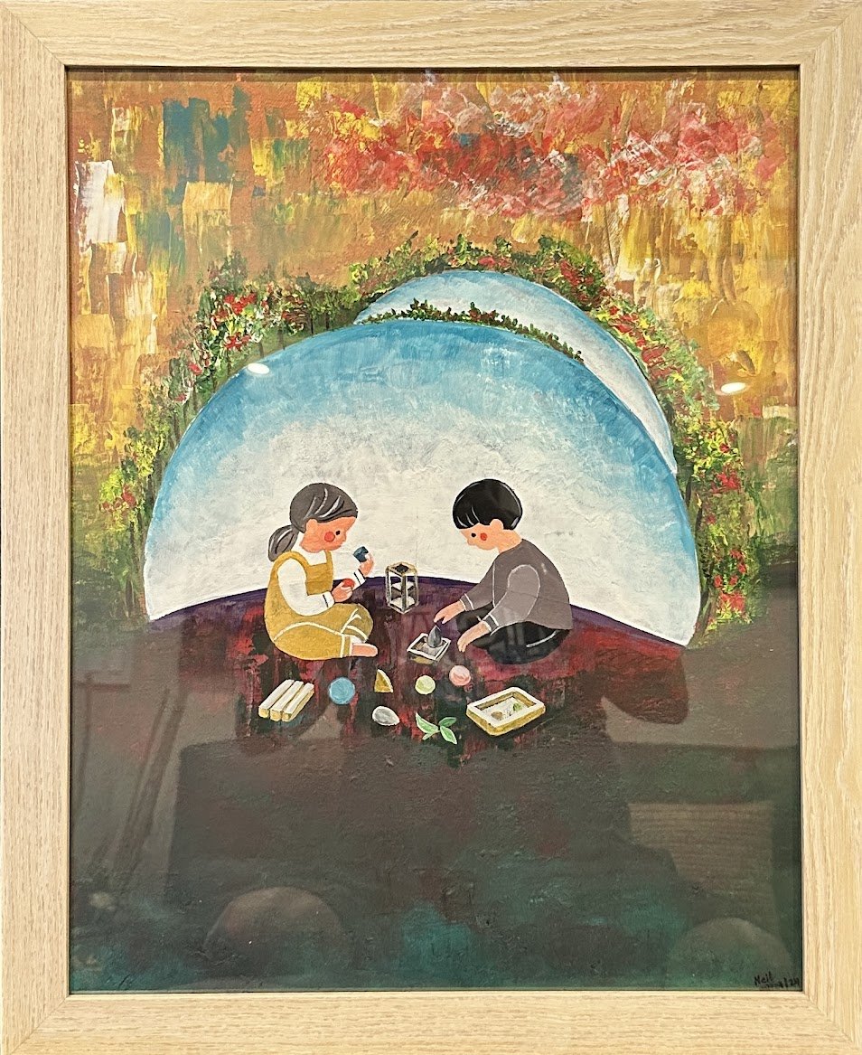 “Set against a textured, golden backdrop, two children sit beneath a soft blue arch, sharing a peaceful moment of play. The gentle colors and simplified forms evoke warmth, curiosity, and the joy of small discoveries.” - painting by Neil Banerjee