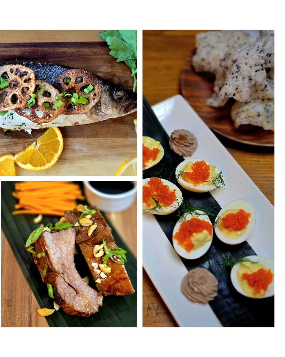 A collage of three dishes: grilled fish topped with lotus root chips and green onions, steamed pork ribs garnished with green onions and pine nuts, and half boiled eggs topped with orange fish roe, served with sauce and chips.